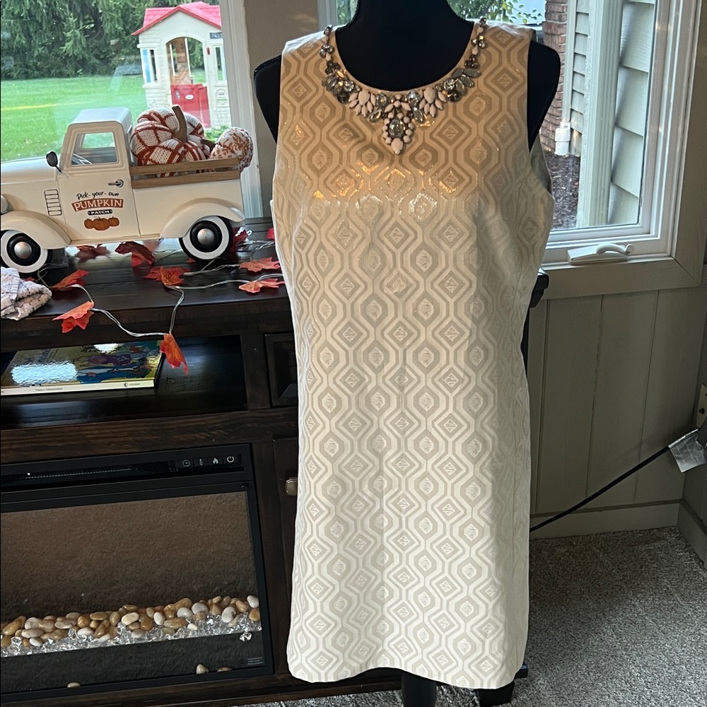 White House Black Market metallic jacquard ivory jeweled shift dress